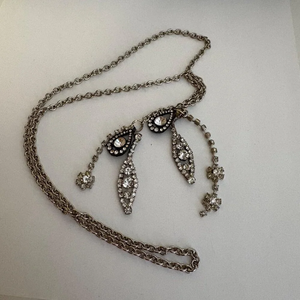 Silver-Tone Rhinestone Lariat Necklace Upcycled with Drop Pendants